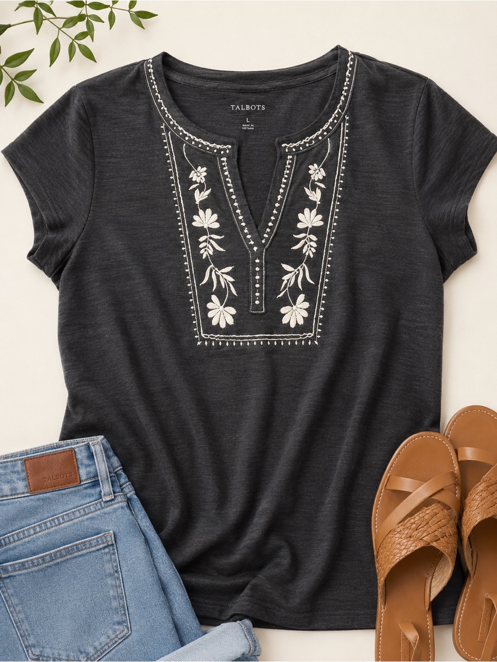 Talbots Embroidered Folk Stitch Top Charcoal Cap Sleeve Relaxed Large Coastal